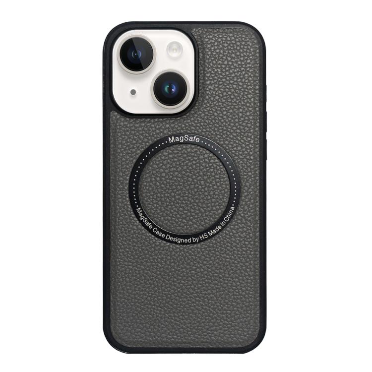 

For iPhone 15 Litchi Texture PU MagSafe Back Cover Phone Case(Grey)