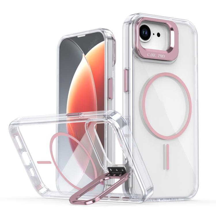 

For iPhone 16e Bright Color Clear MagSafe Lens Frame Holder Phone Case(Pink)
