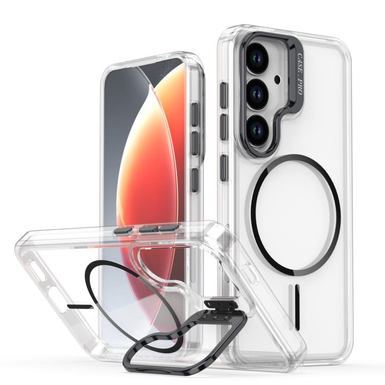 

For Samsung Galaxy S25+ / S24+ 5G Bright Color Clear MagSafe Lens Frame Holder Phone Case(Black)