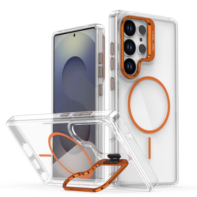

For Samsung Galaxy S24 Ultra 5G Bright Color Clear MagSafe Lens Frame Holder Phone Case(Orange)