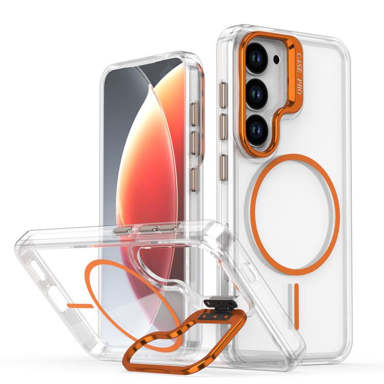 

For Samsung Galaxy S23 5G Bright Color Clear MagSafe Lens Frame Holder Phone Case(Orange)