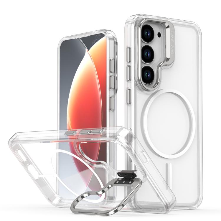 

For Samsung Galaxy S23 5G Bright Color Clear MagSafe Lens Frame Holder Phone Case(White)