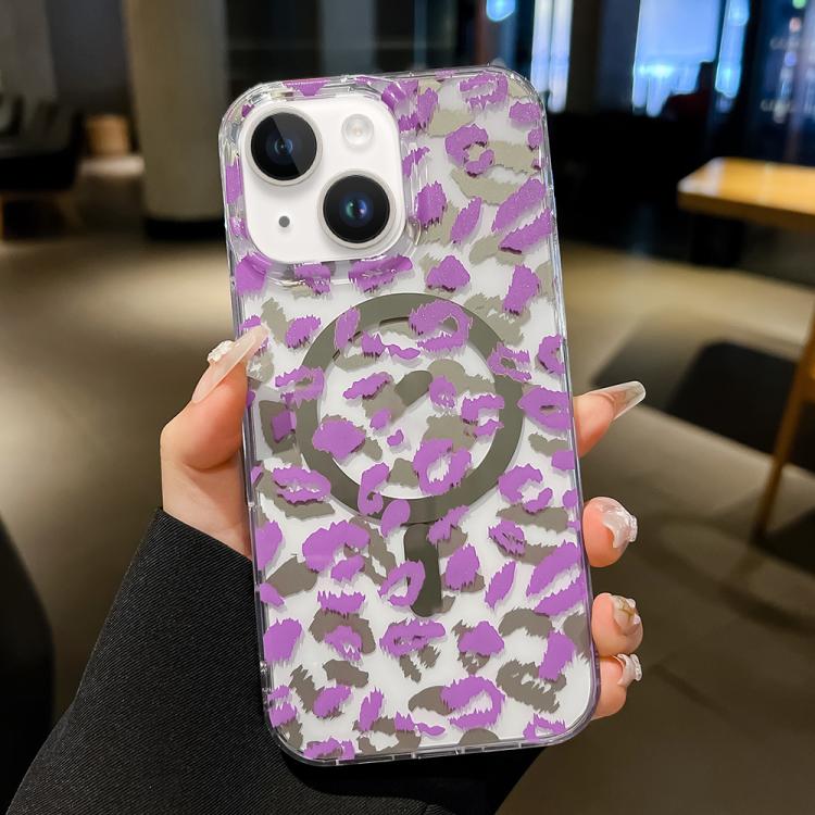 

For iPhone 14 Leopard MagSafe Dual-side Laminating IMD Phone Case(Purple)
