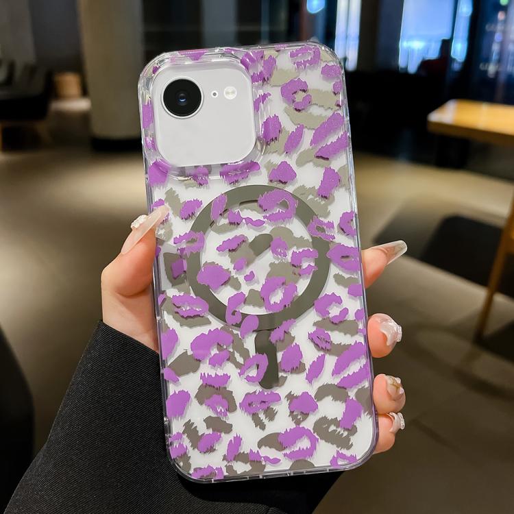 

For iPhone 16e Leopard MagSafe Dual-side Laminating IMD Phone Case(Purple)