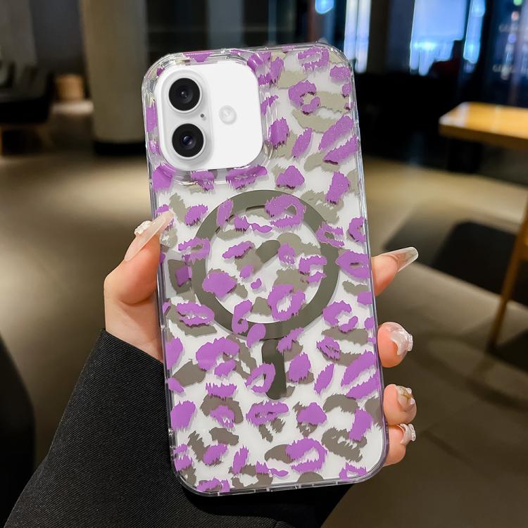 

For iPhone 16 Plus Leopard MagSafe Dual-side Laminating IMD Phone Case(Purple)