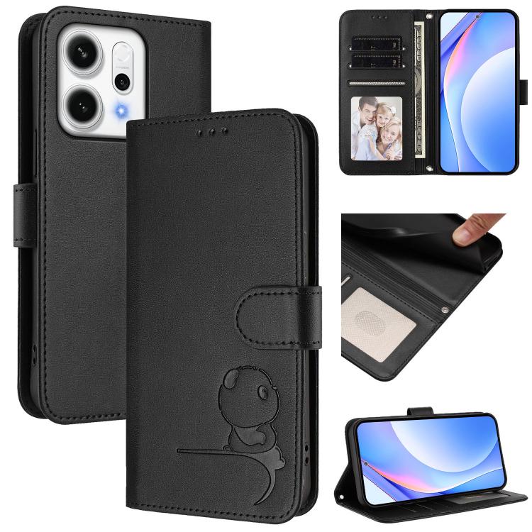 

For OPPO Reno14 Pro 5G Global Litter Panda Embossing RFID Leather Phone Case with Lanyard(Black)