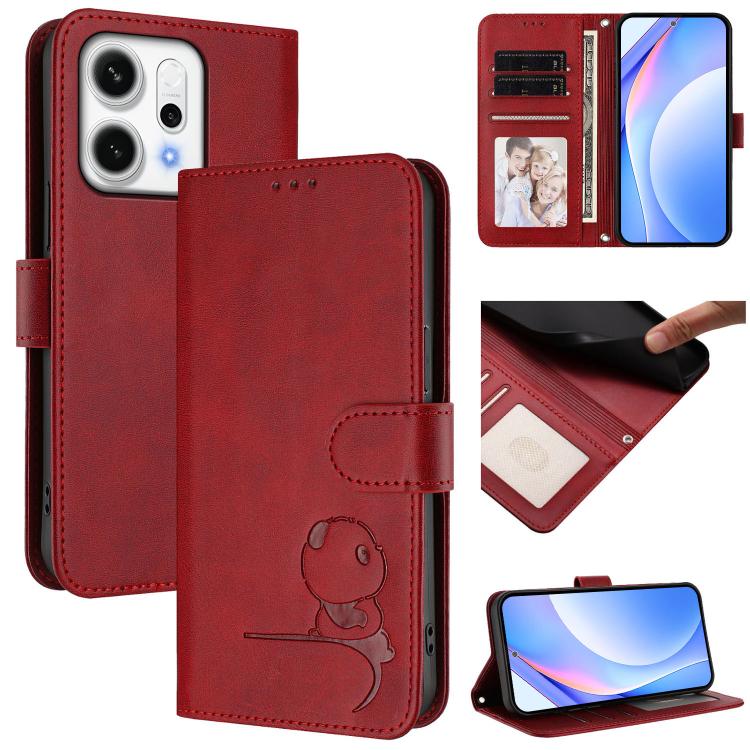 

For OPPO Reno14 Pro 5G Global Litter Panda Embossing RFID Leather Phone Case with Lanyard(Wine Red)