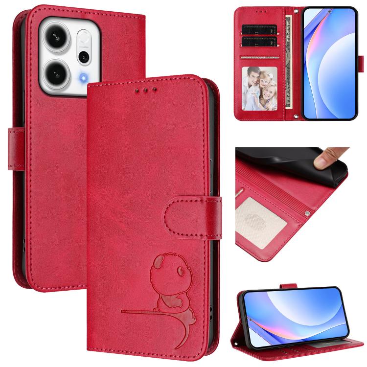

For OPPO Reno14 F / Reno14 5G Global Litter Panda Embossing RFID Leather Phone Case with Lanyard(Rose Red)