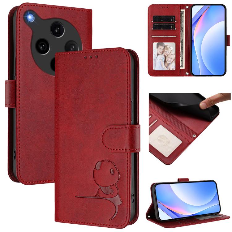 

For OPPO Find X8 Ultra 5G Litter Panda Embossing RFID Leather Phone Case with Lanyard(Wine Red)