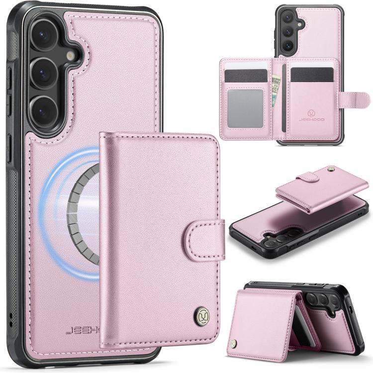 

For Samsung Galaxy S25+ 5G JEEHOOD J09 Buckle Card Bag MagSafe Magnetic Style RFID Leather Phone Case(Pink)