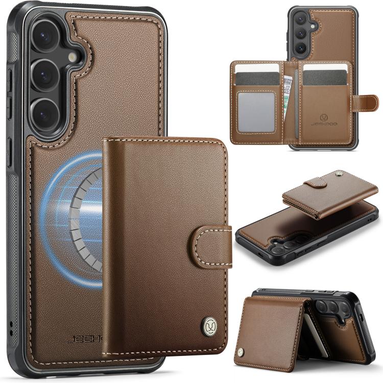

For Samsung Galaxy S24 5G JEEHOOD J09 Buckle Card Bag MagSafe Magnetic Style RFID Leather Phone Case(Brown)