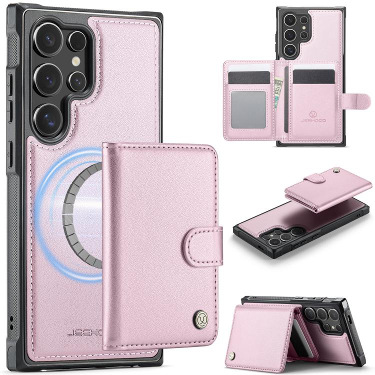 

For Samsung Galaxy S25 Ultra 5G JEEHOOD J09 Buckle Card Bag MagSafe Magnetic Style RFID Leather Phone Case(Pink)