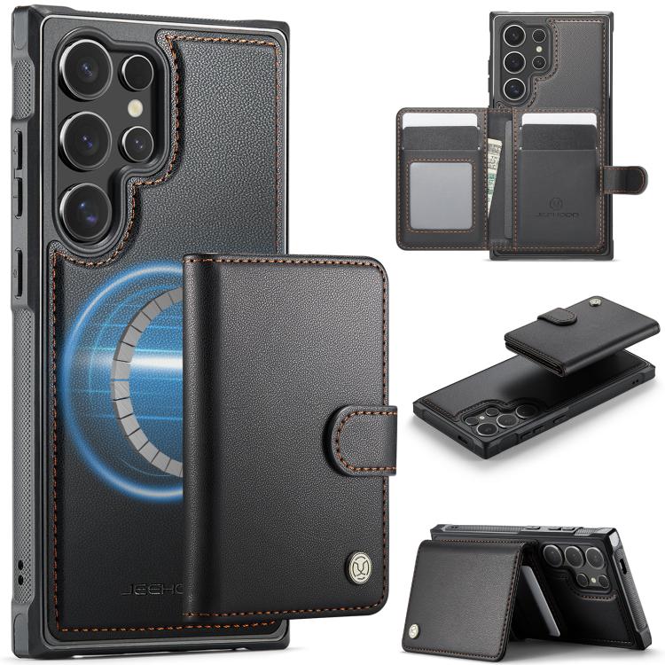 For Samsung Galaxy S25 Ultra 5G JEEHOOD J09 Buckle Card Bag MagSafe Magnetic Style RFID Leather Phone Case(Black)