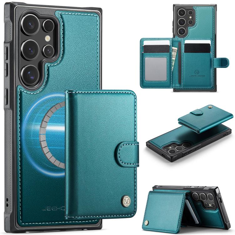 

For Samsung Galaxy S24 Ultra 5G JEEHOOD J09 Buckle Card Bag MagSafe Magnetic Style RFID Leather Phone Case(Green)