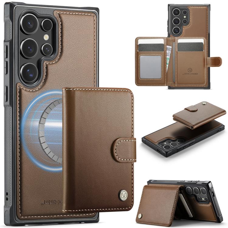 

For Samsung Galaxy S24 Ultra 5G JEEHOOD J09 Buckle Card Bag MagSafe Magnetic Style RFID Leather Phone Case(Brown)