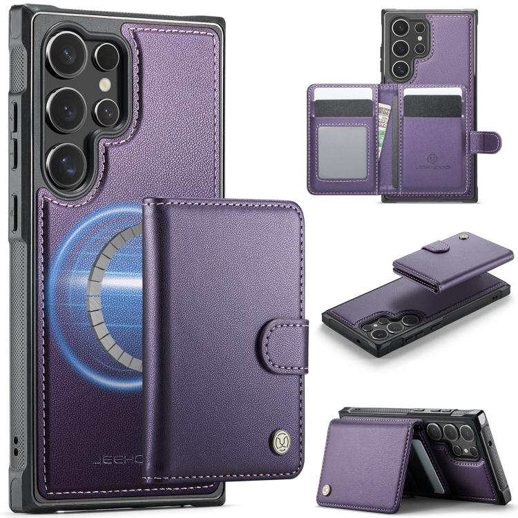 

For Samsung Galaxy S23 Ultra 5G JEEHOOD J09 Buckle Card Bag MagSafe Magnetic Style RFID Leather Phone Case(Purple)