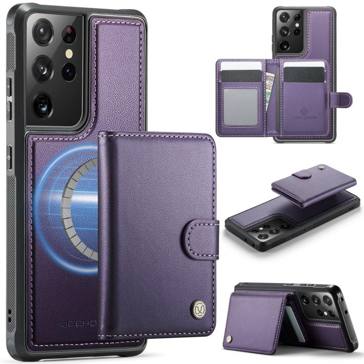 

For Samsung Galaxy S21 Ultra 5G JEEHOOD J09 Buckle Card Bag MagSafe Magnetic Style RFID Leather Phone Case(Purple)