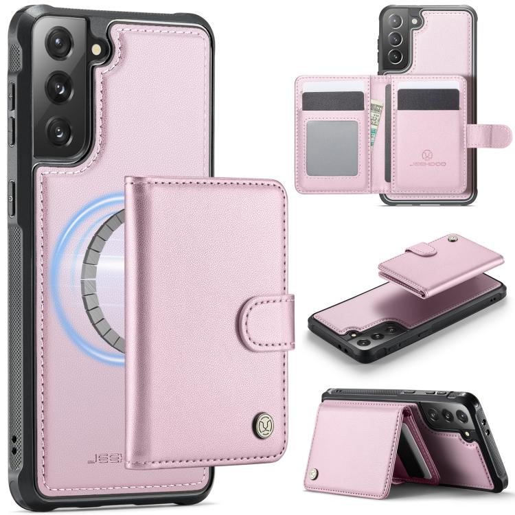 

For Samsung Galaxy S21+ 5G JEEHOOD J09 Buckle Card Bag MagSafe Magnetic Style RFID Leather Phone Case(Pink)