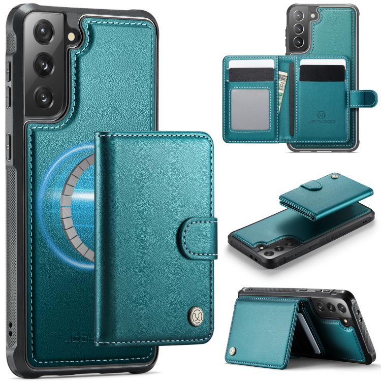

For Samsung Galaxy S21 5G JEEHOOD J09 Buckle Card Bag MagSafe Magnetic Style RFID Leather Phone Case(Green)