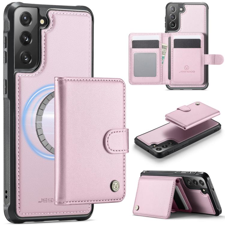 

For Samsung Galaxy S21 FE 5G JEEHOOD J09 Buckle Card Bag MagSafe Magnetic Style RFID Leather Phone Case(Pink)