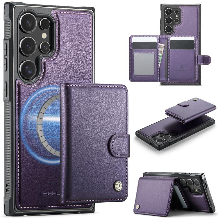 

For Samsung Galaxy S26 Ultra 5G JEEHOOD J09 Buckle Card Bag MagSafe Magnetic Style RFID Leather Phone Case(Purple)