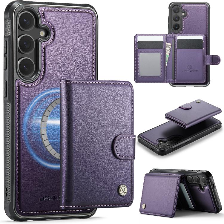 For Galaxy S26 FE 5G JEEHOOD J09 Buckle Card Bag MagSafe Magnetic Style RFID Leather Phone Case(Purple)