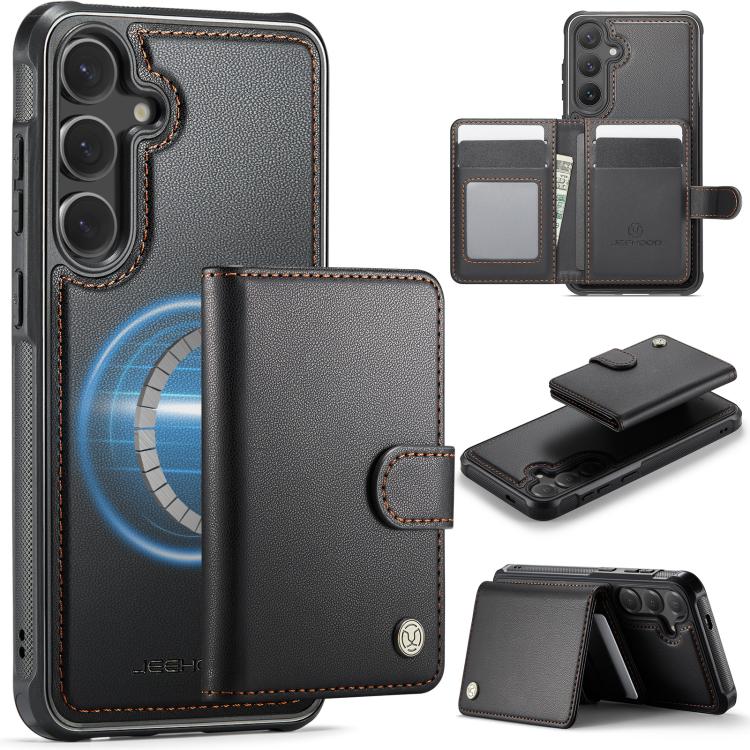 For Galaxy S25 FE 5G JEEHOOD J09 Buckle Card Bag MagSafe Magnetic Style RFID Leather Phone Case(Black)