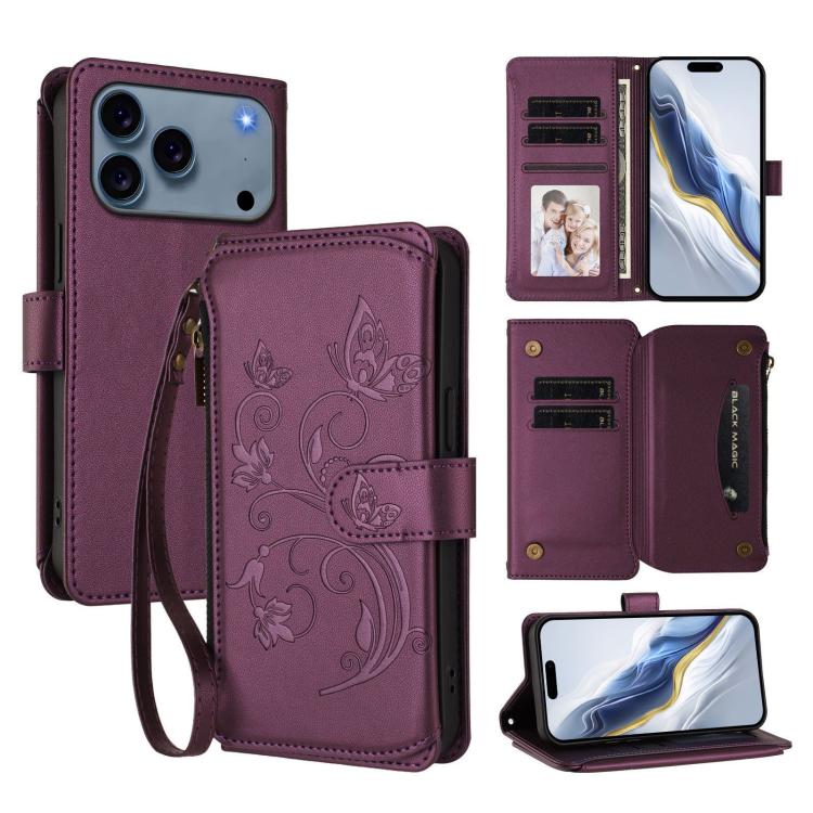 

For iPhone 17 Pro Max Butterfly Love Flower Multi-card Zipper Wallet Leather Phone Case(Dark Purple)