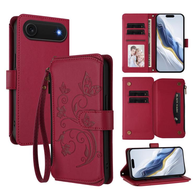 

For iPhone Air Butterfly Love Flower Multi-card Zipper Wallet Leather Phone Case(Wine Red)