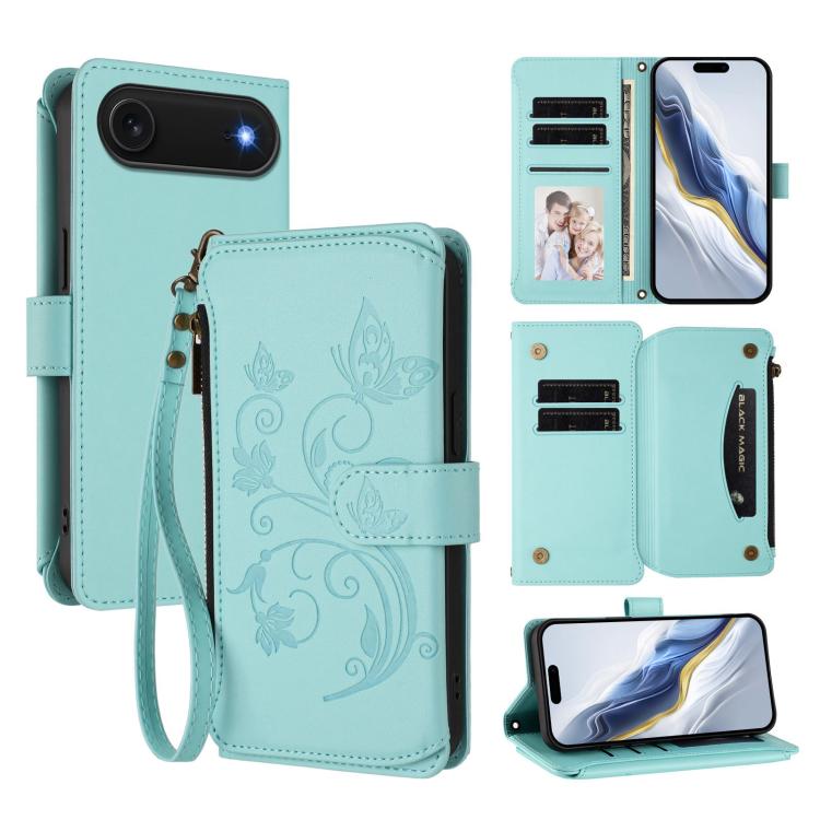 

For iPhone Air Butterfly Love Flower Multi-card Zipper Wallet Leather Phone Case(Mint Green)