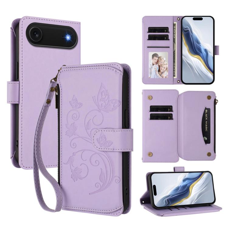

For iPhone Air Butterfly Love Flower Multi-card Zipper Wallet Leather Phone Case(Light Purple)