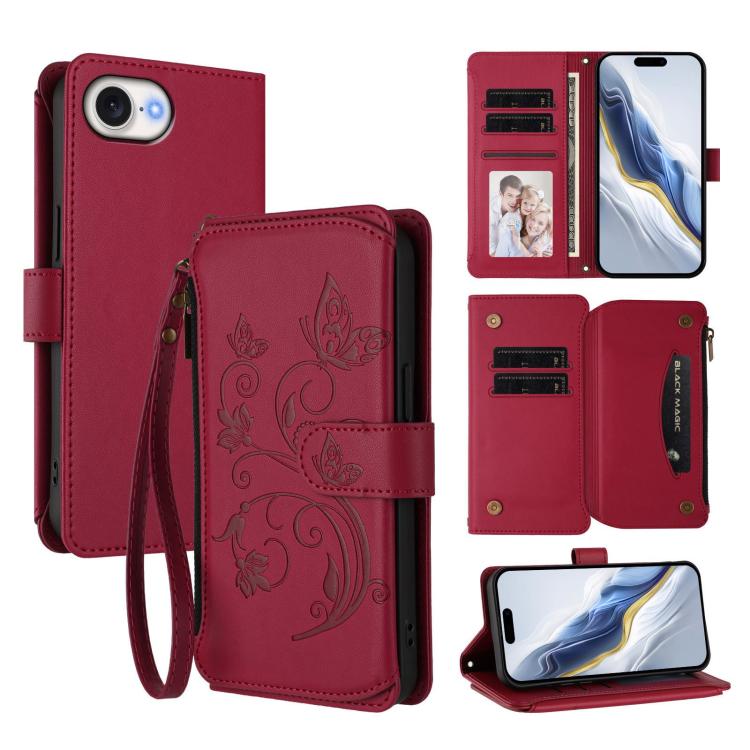 

For iPhone 16e Butterfly Love Flower Multi-card Zipper Wallet Leather Phone Case(Wine Red)