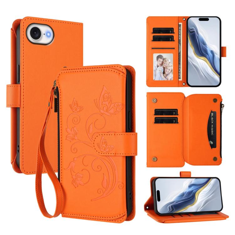 

For iPhone 16e Butterfly Love Flower Multi-card Zipper Wallet Leather Phone Case(Orange)