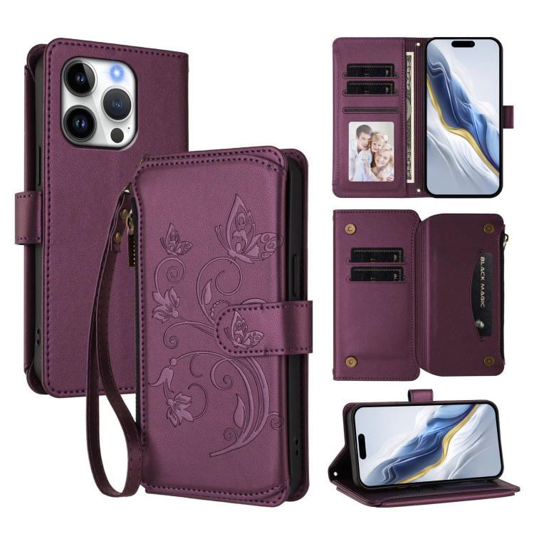 

For iPhone 16 Pro Butterfly Love Flower Multi-card Zipper Wallet Leather Phone Case(Dark Purple)