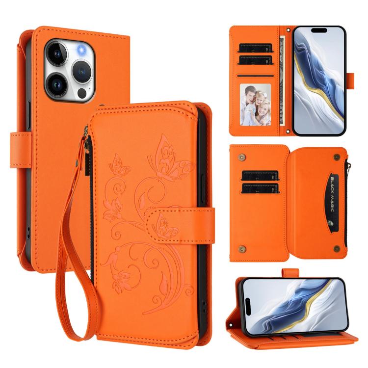 

For iPhone 16 Pro Butterfly Love Flower Multi-card Zipper Wallet Leather Phone Case(Orange)