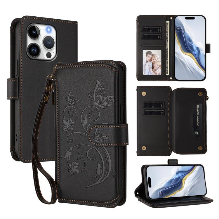 

For iPhone 16 Pro Butterfly Love Flower Multi-card Zipper Wallet Leather Phone Case(Black)