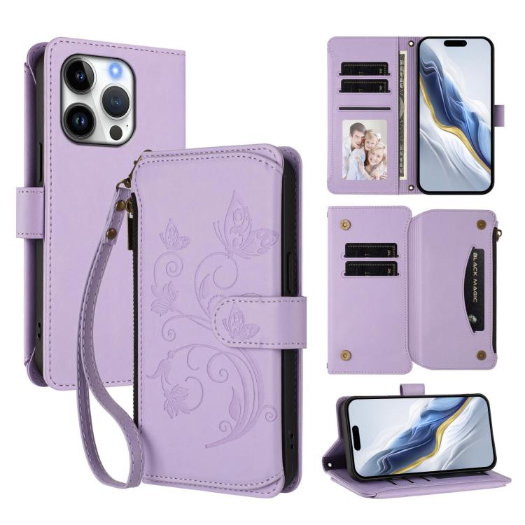 

For iPhone 16 Pro Butterfly Love Flower Multi-card Zipper Wallet Leather Phone Case(Light Purple)