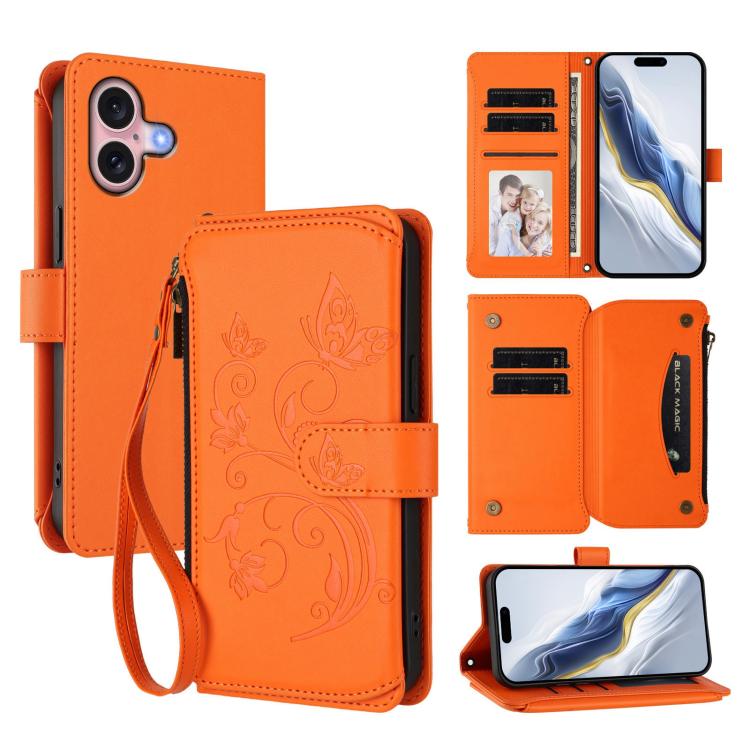 

For iPhone 16 Plus Butterfly Love Flower Multi-card Zipper Wallet Leather Phone Case(Orange)