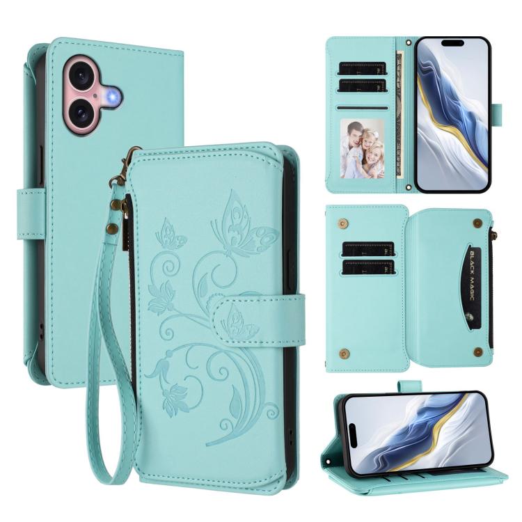 

For iPhone 16 Plus Butterfly Love Flower Multi-card Zipper Wallet Leather Phone Case(Mint Green)