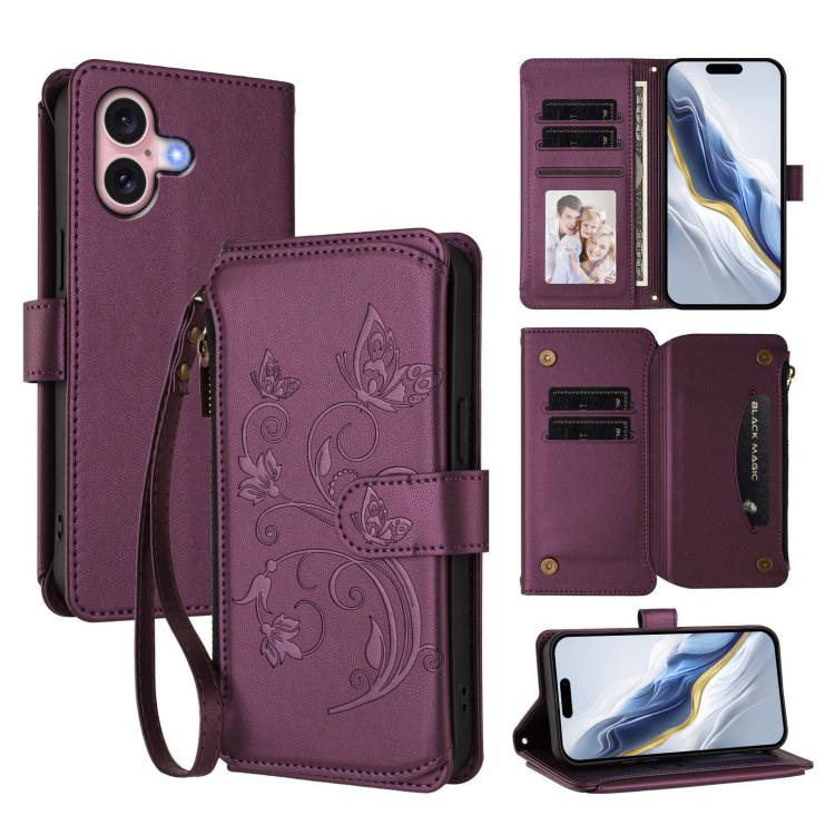 

For iPhone 16 Butterfly Love Flower Multi-card Zipper Wallet Leather Phone Case(Dark Purple)