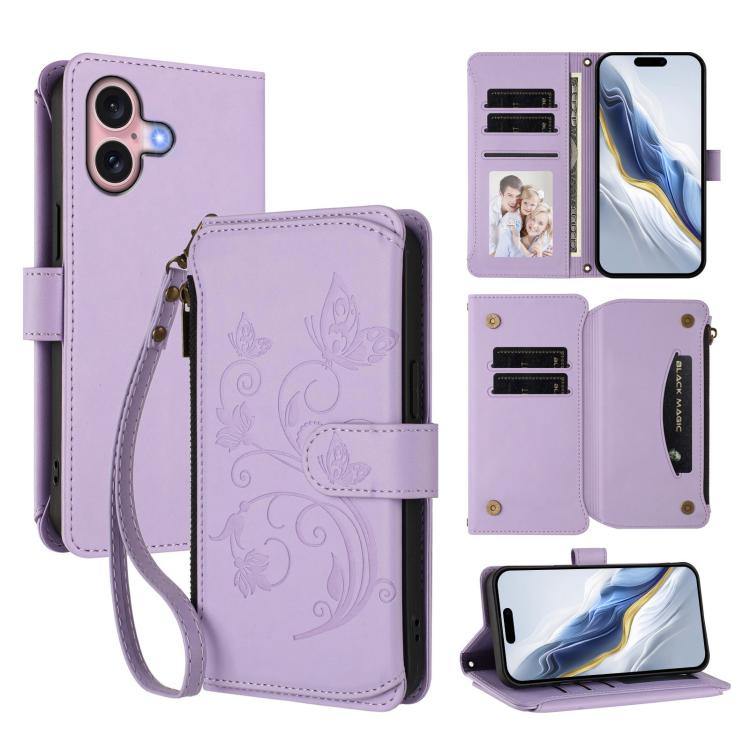 

For iPhone 16 Butterfly Love Flower Multi-card Zipper Wallet Leather Phone Case(Light Purple)