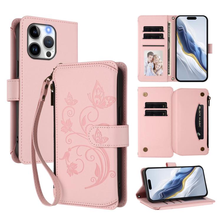 

For iPhone 15 Pro Max Butterfly Love Flower Multi-card Zipper Wallet Leather Phone Case(Pink)