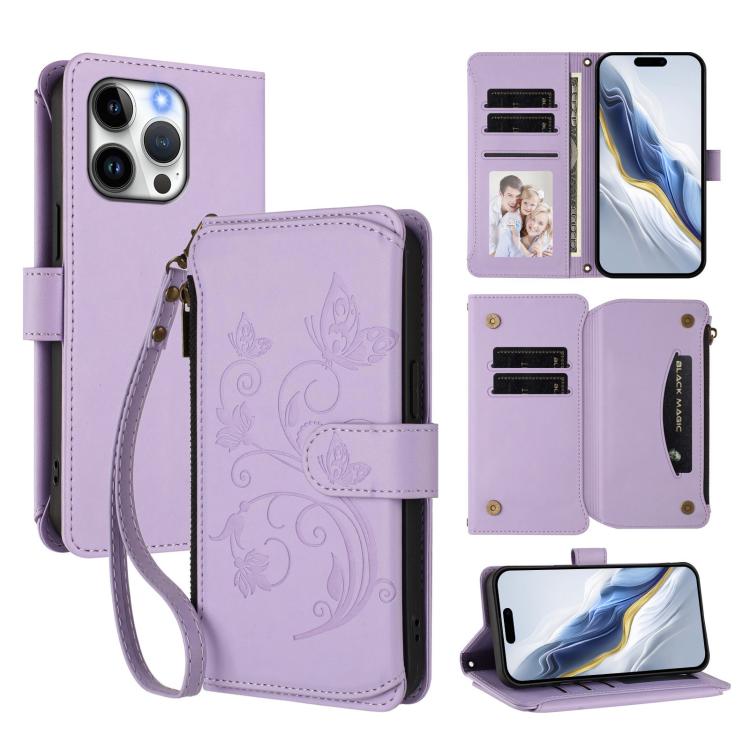 

For iPhone 15 Pro Max Butterfly Love Flower Multi-card Zipper Wallet Leather Phone Case(Light Purple)