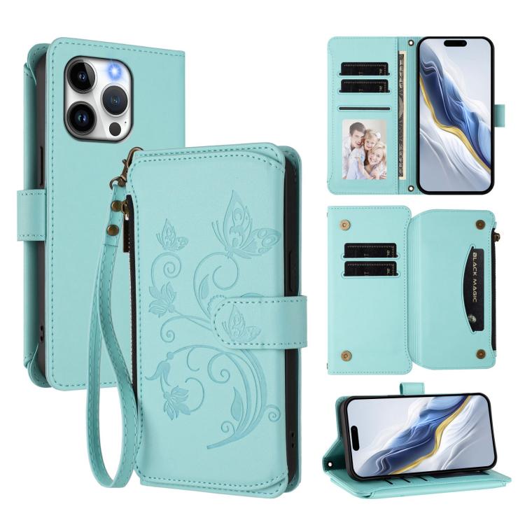 

For iPhone 15 Pro Butterfly Love Flower Multi-card Zipper Wallet Leather Phone Case(Mint Green)