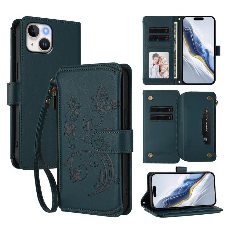 

For iPhone 15 Plus Butterfly Love Flower Multi-card Zipper Wallet Leather Phone Case(Dark Green)