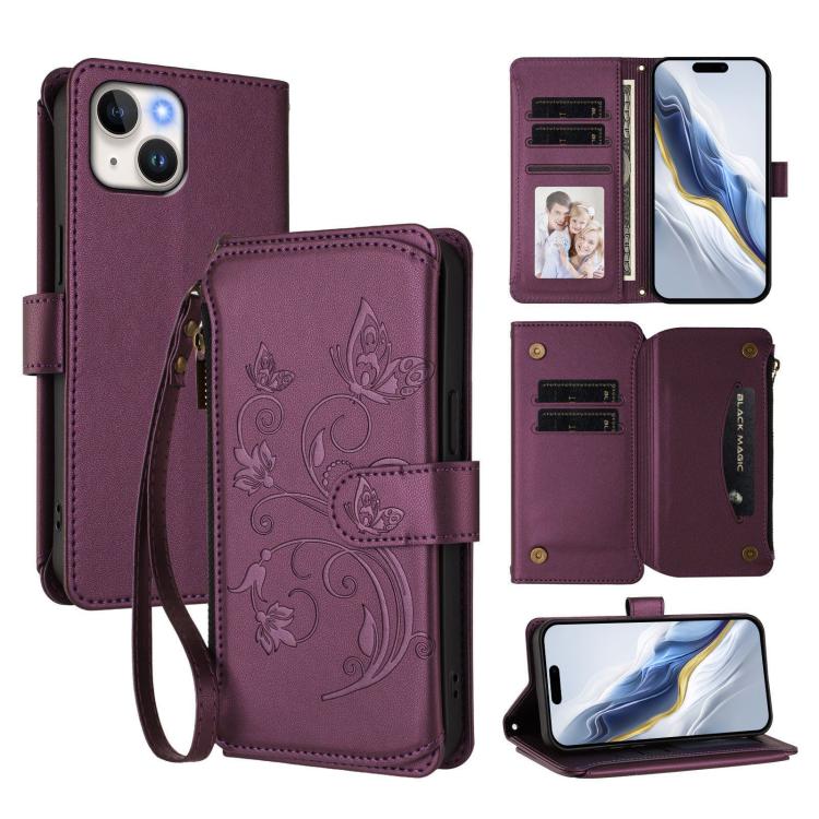 

For iPhone 15 Butterfly Love Flower Multi-card Zipper Wallet Leather Phone Case(Dark Purple)