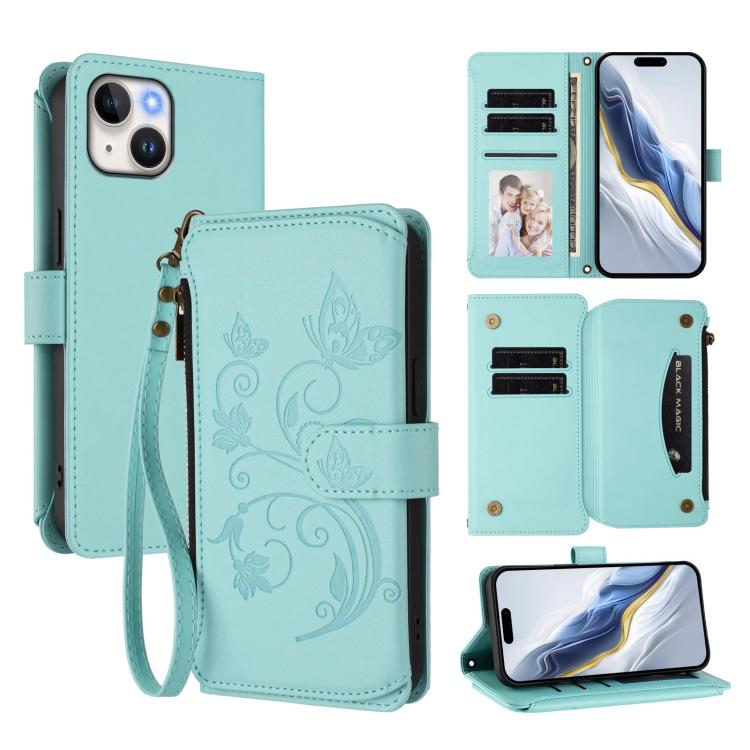

For iPhone 14 Plus Butterfly Love Flower Multi-card Zipper Wallet Leather Phone Case(Mint Green)