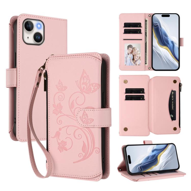 

For iPhone 14 / 13 Butterfly Love Flower Multi-card Zipper Wallet Leather Phone Case(Pink)