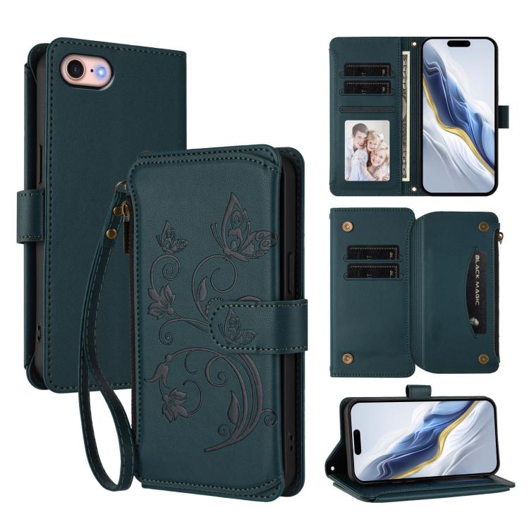

For iPhone 7 / 8 / SE 2022 Butterfly Love Flower Multi-card Zipper Wallet Leather Phone Case(Dark Green)
