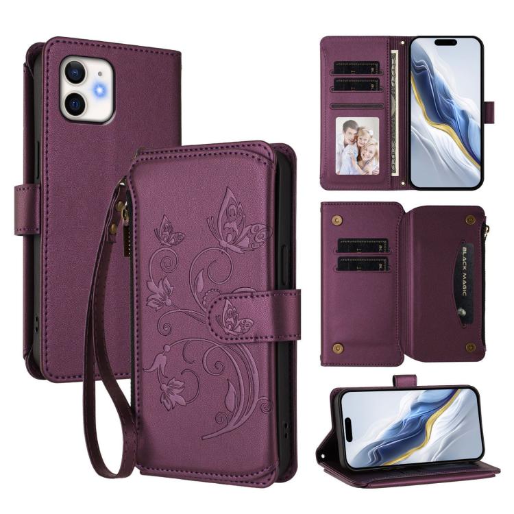 

For iPhone 12 / 12 Pro Butterfly Love Flower Multi-card Zipper Wallet Leather Phone Case(Dark Purple)